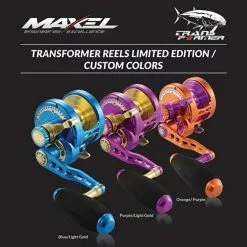 Maxel Transformer High Speed Jigging Overhead Reel -Fishing Rods Shop Maxel Transformer Jigging Overhead Reel Purple Gold Orange Purple Blue Light Gold